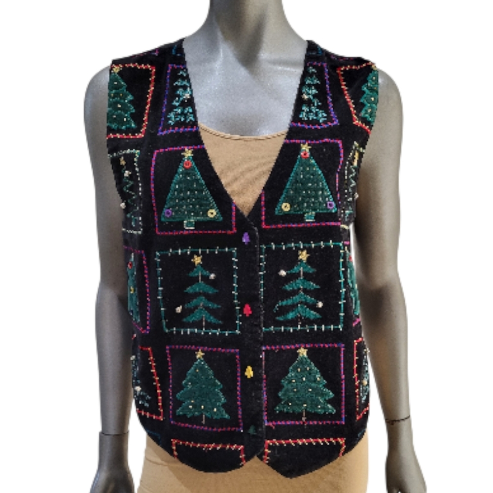 LAST CHANCE: B10. Tantrums Vtg. Black & Multi Color Festive Vest - Size Medium